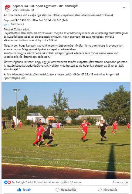 Forrás: Soproni FAC 1900 Sport Egyesület - UP Labdarúgás (Facebook oldal)