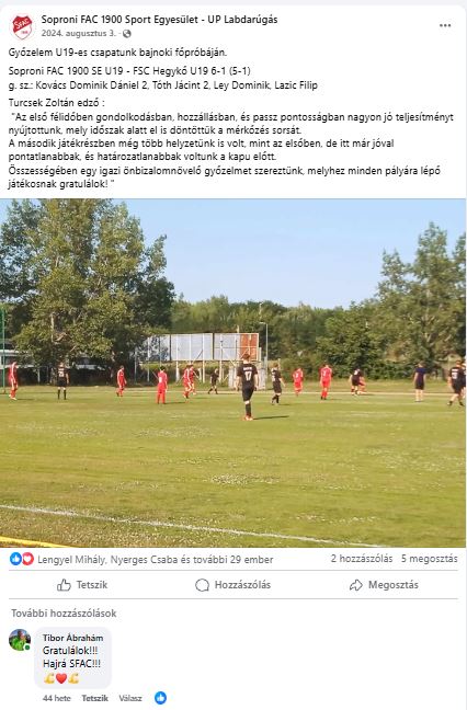 Forrás: Soproni FAC 1900 Sport Egyesület - UP Labdarúgás (Facebook oldal)