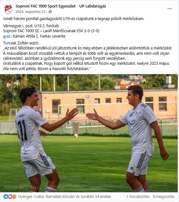 Forrás: Soproni FAC 1900 Sport Egyesület - UP Labdarúgás (Facebook oldal)