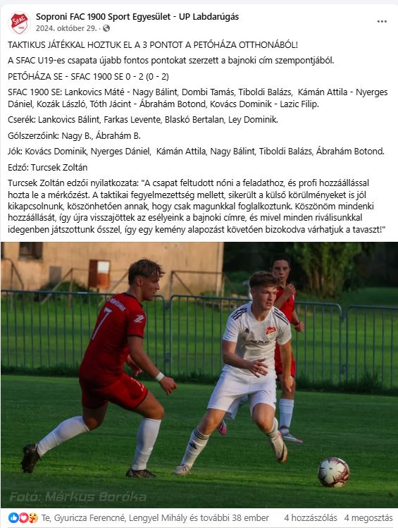 Forrás: Soproni FAC 1900 Sport Egyesület - UP Labdarúgás (Facebook oldal)