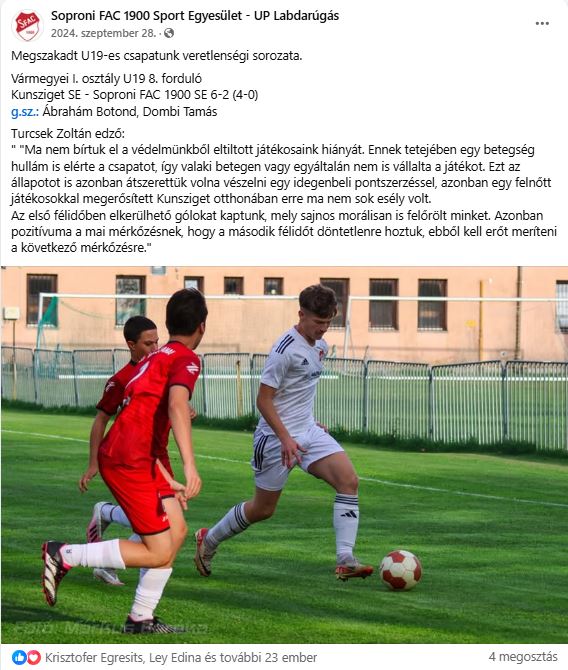 Forrás: Soproni FAC 1900 Sport Egyesület - UP Labdarúgás (Facebook oldal)