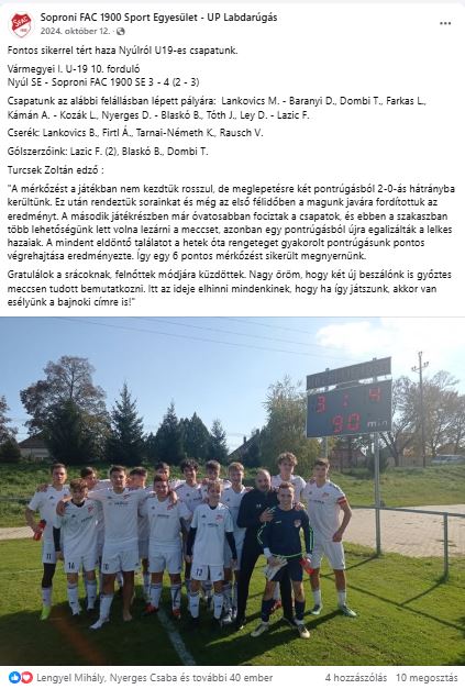 Forrás: Soproni FAC 1900 Sport Egyesület - UP Labdarúgás (Facebook oldal)
