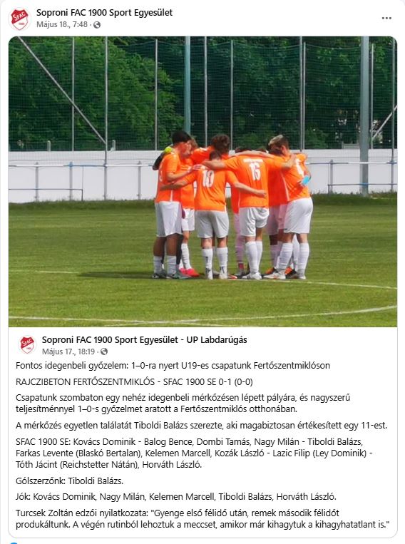 Forrás: Soproni FAC 1900 Sport Egyesület - UP Labdarúgás (Facebook oldal)
