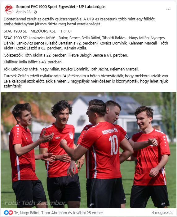Forrás: Soproni FAC 1900 Sport Egyesület - UP Labdarúgás (Facebook oldal)