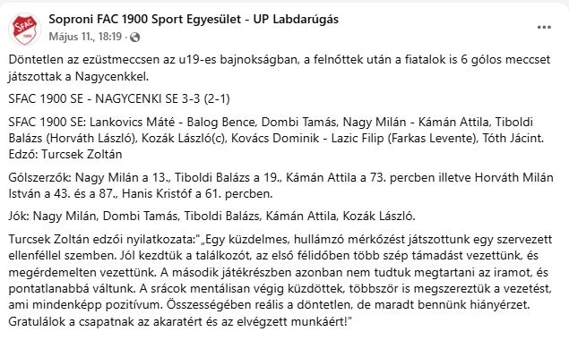 Forrás: Soproni FAC 1900 Sport Egyesület - UP Labdarúgás (Facebook oldal)