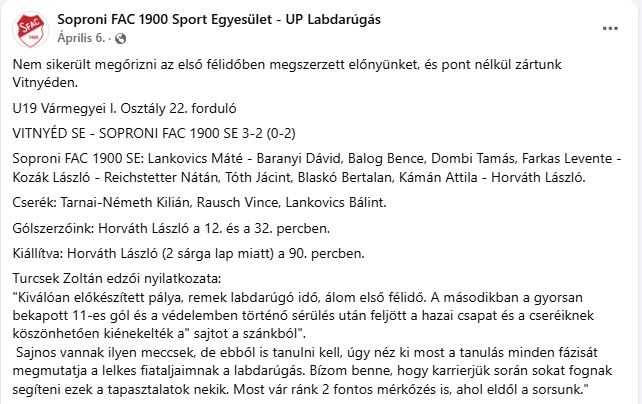 Forrás: Soproni FAC 1900 Sport Egyesület - UP Labdarúgás (Facebook oldal)