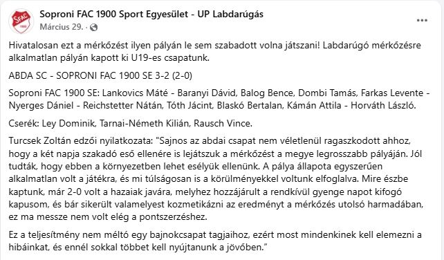 Forrás: Soproni FAC 1900 Sport Egyesület - UP Labdarúgás (Facebook oldal)
