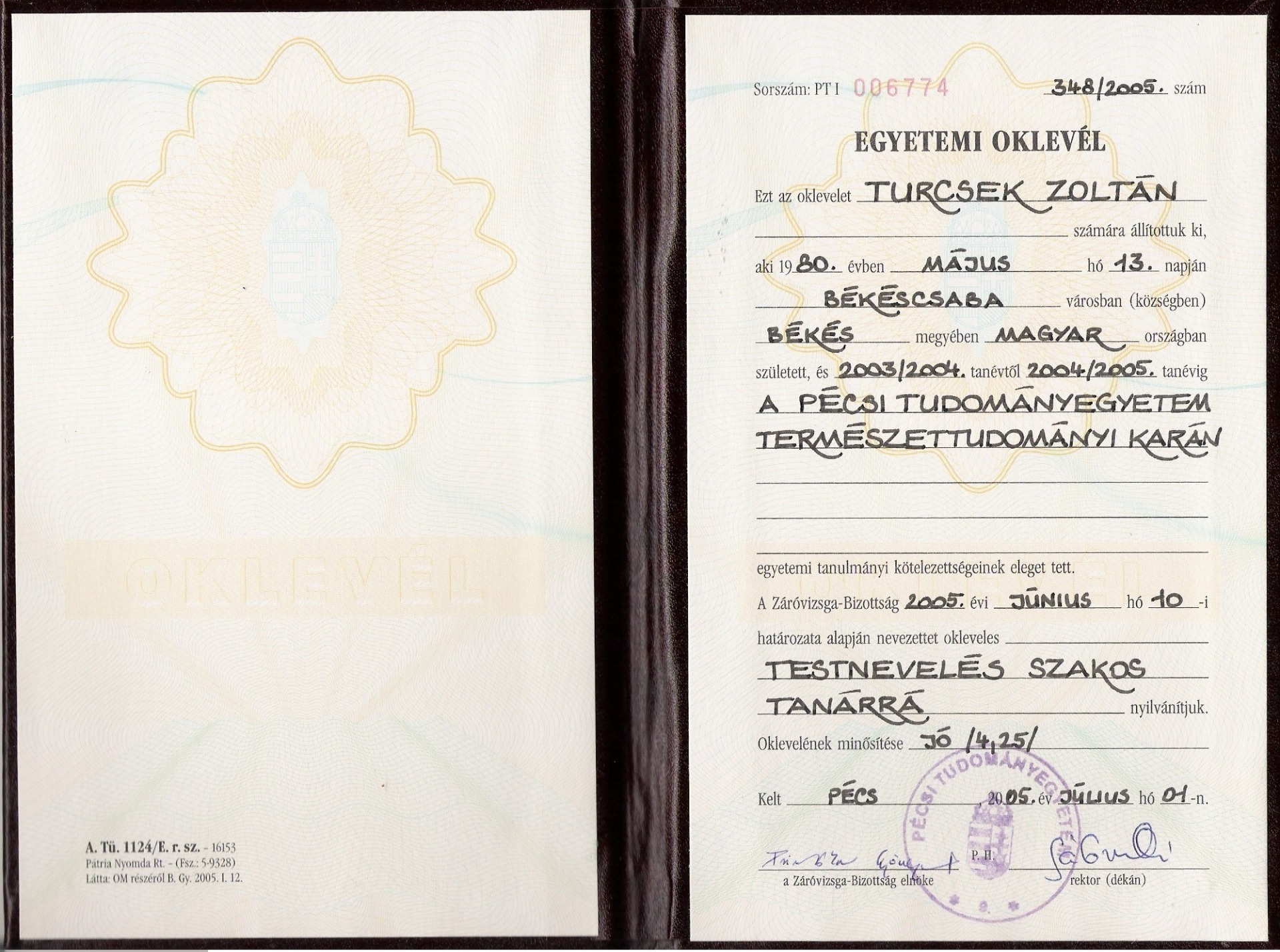 Mesterfokozatú testnevelő tanári diploma (Pécsi Tudományegyetem Természettudomány Kar, 2005)